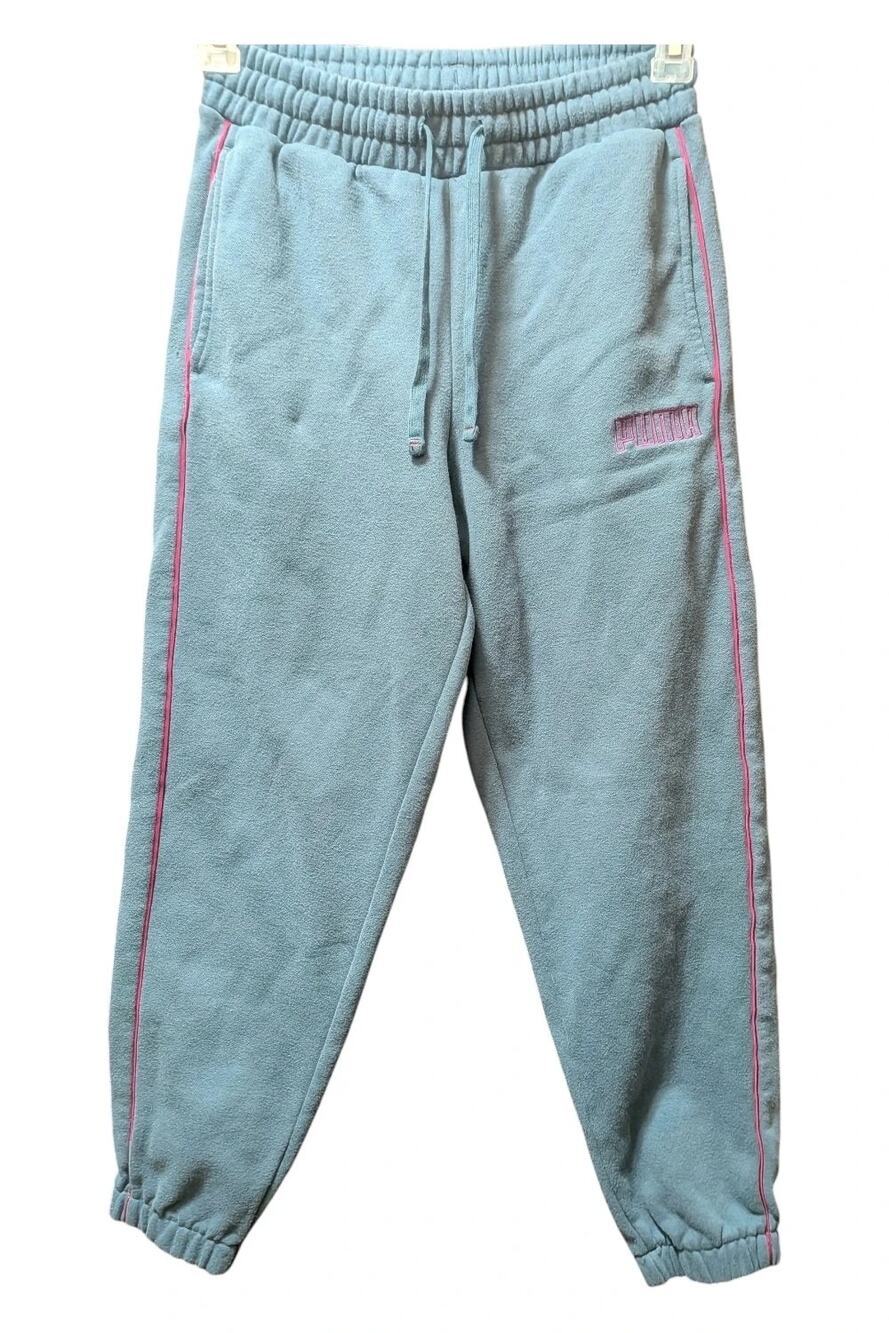 PUMA Women's Blue Gray Fleece Jogger Sweatpants Pink Stripe Size S